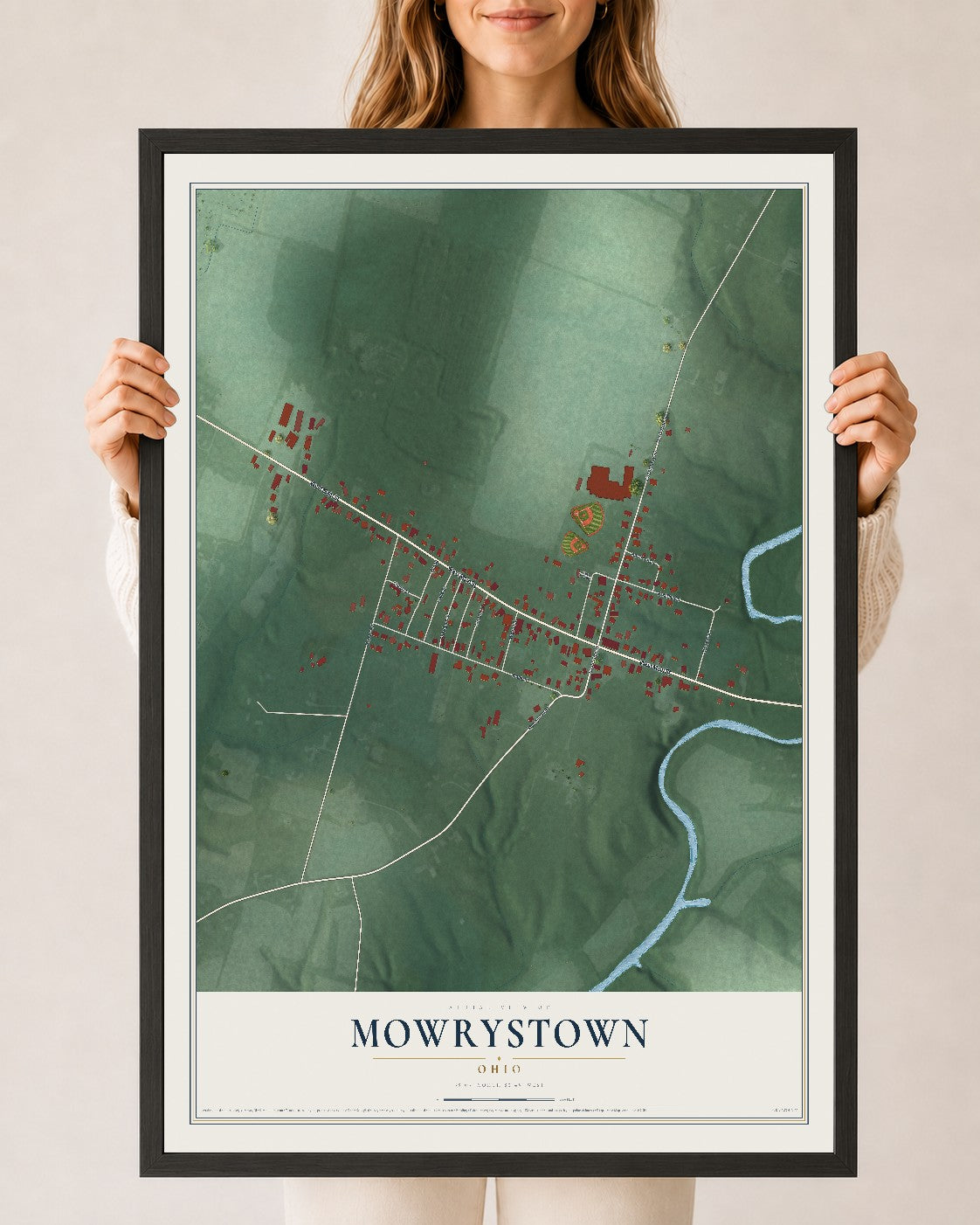 Map of Mowrystown, Ohio, 24 x 36 inch print in a black wood frame