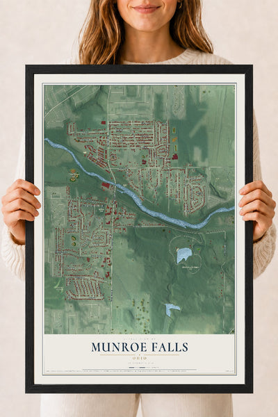 Map of Munroe Falls, Ohio, 18 x 24 inch print in a black wood frame