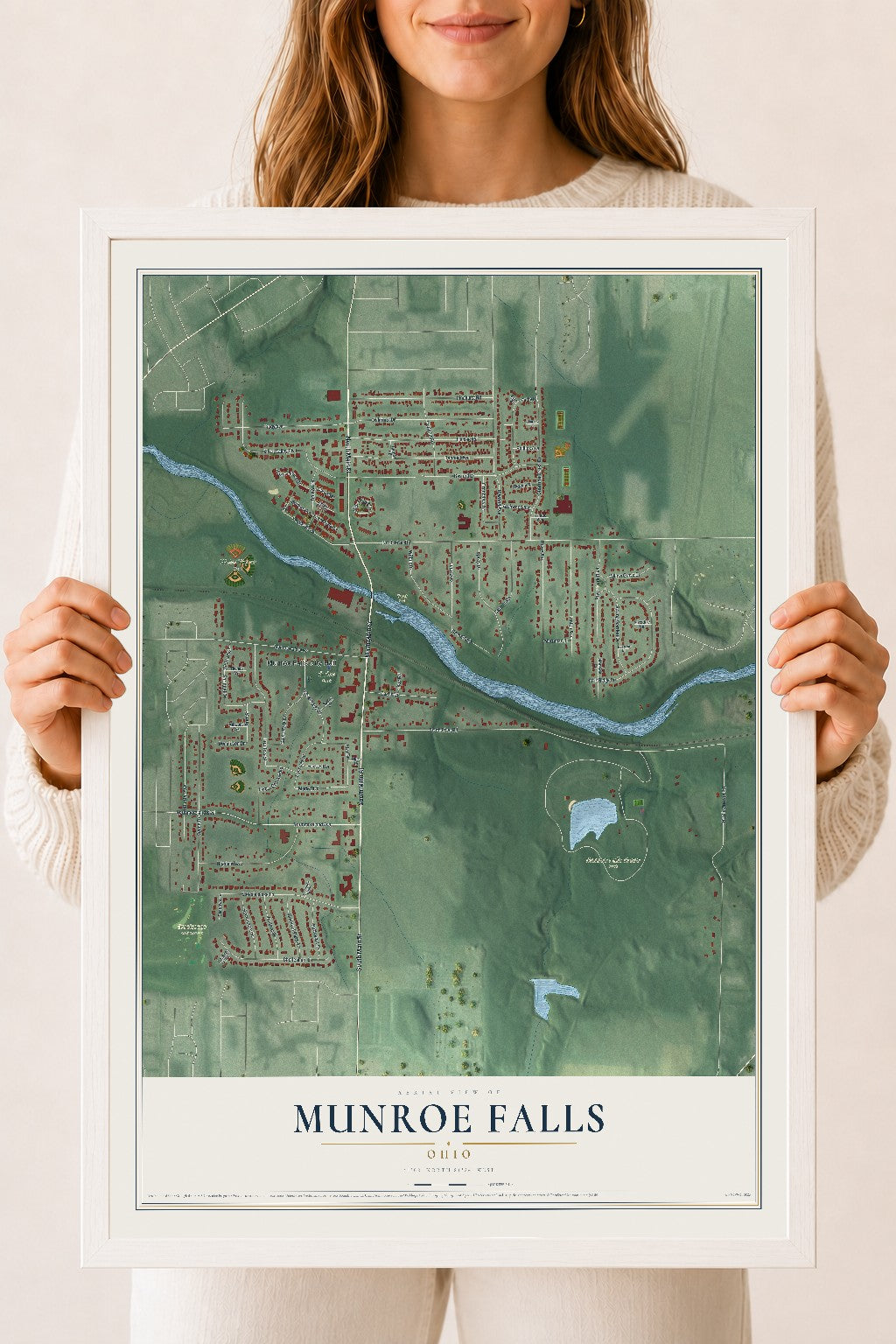 Map of Munroe Falls, Ohio, 18 x 24 inch print in a white wood frame