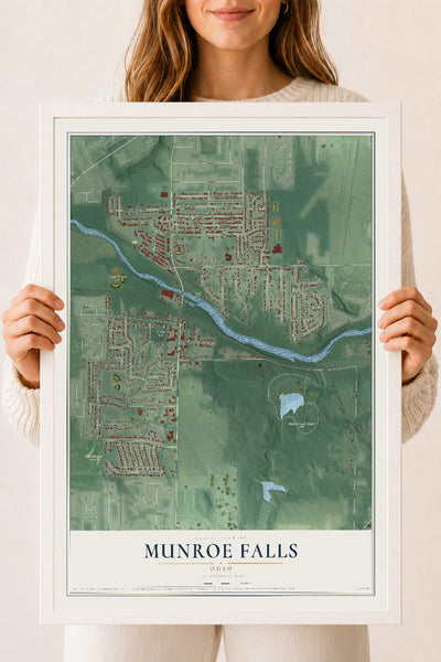 Map of Munroe Falls, Ohio, 18 x 24 inch print in a white wood frame