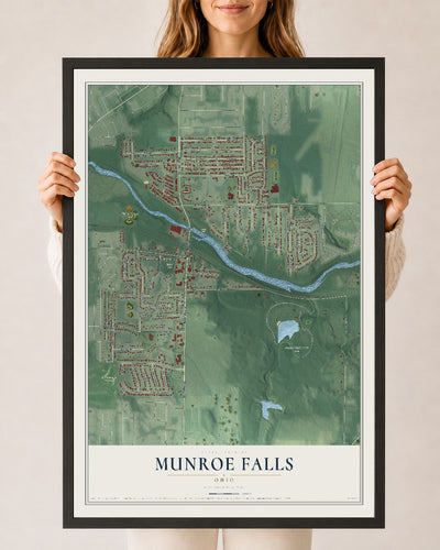 Map of Munroe Falls, Ohio, 24 x 36 inch print in a black wood frame