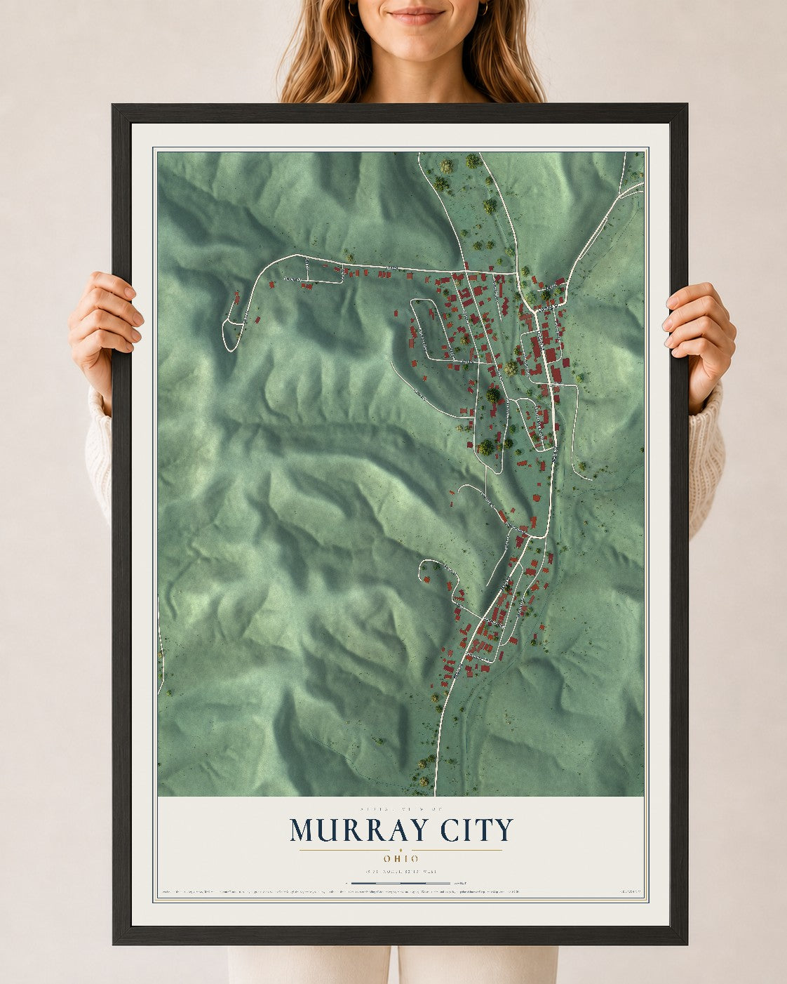 Map of Murray City, Ohio, 24 x 36 inch print in a black wood frame