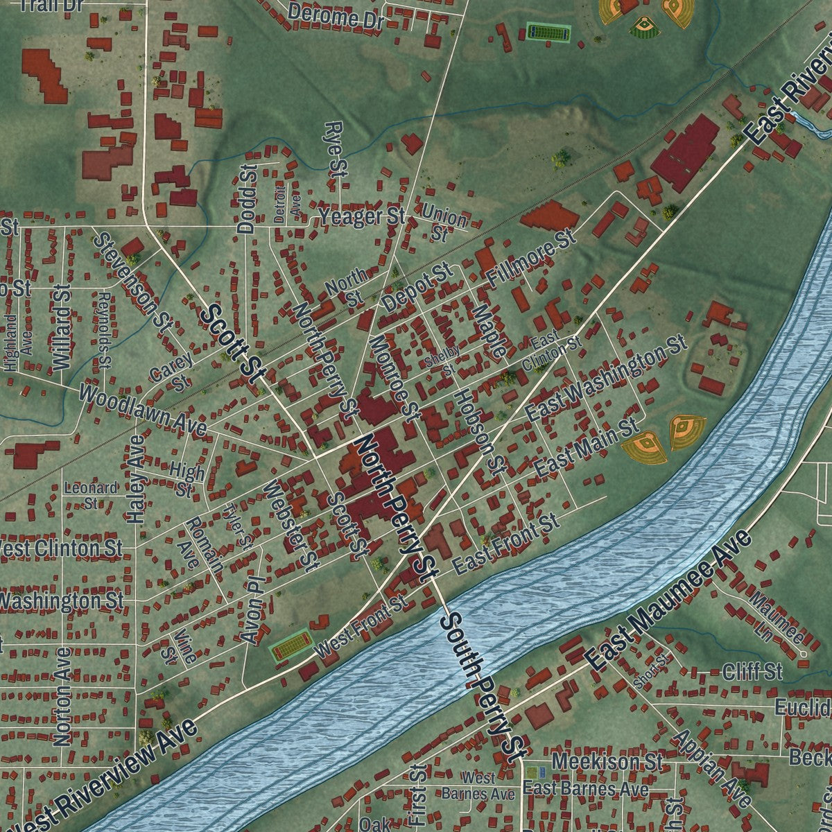 Close-up of the map of Napoleon, Ohio print showing street and building detail