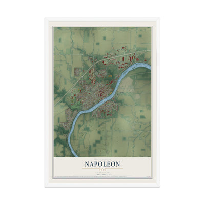 Map of Napoleon, Ohio, 12 x 18 inch print in a white wood frame