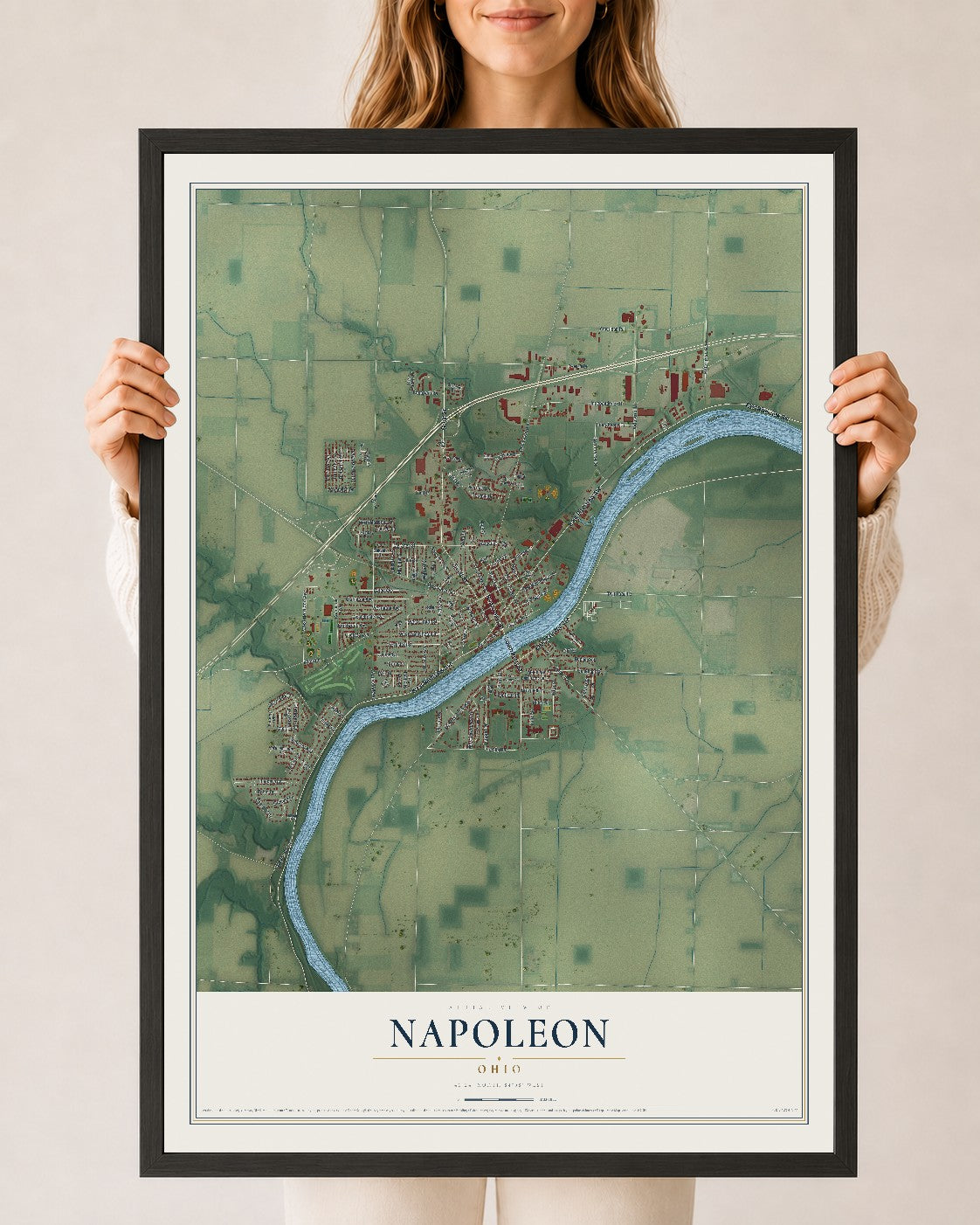Map of Napoleon, Ohio, 24 x 36 inch print in a black wood frame