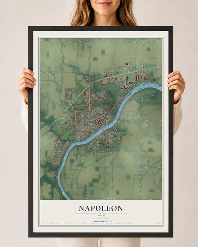 Map of Napoleon, Ohio, 24 x 36 inch print in a black wood frame