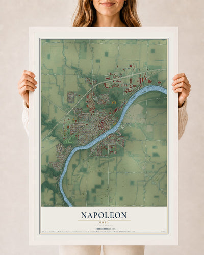 Map of Napoleon, Ohio, 24 x 36 inch print in a white wood frame