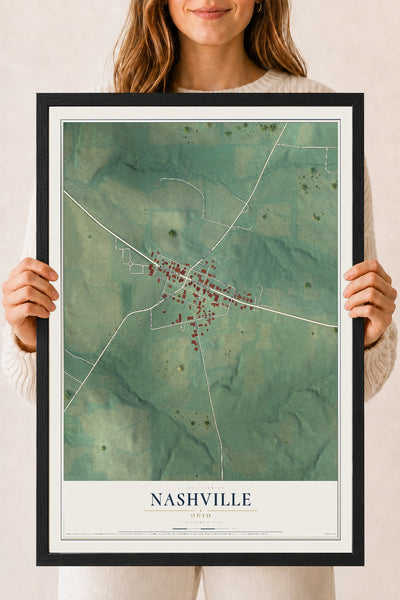 Map of Nashville, Ohio, 18 x 24 inch print in a black wood frame