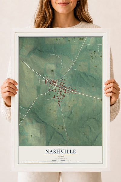 Map of Nashville, Ohio, 18 x 24 inch print in a white wood frame