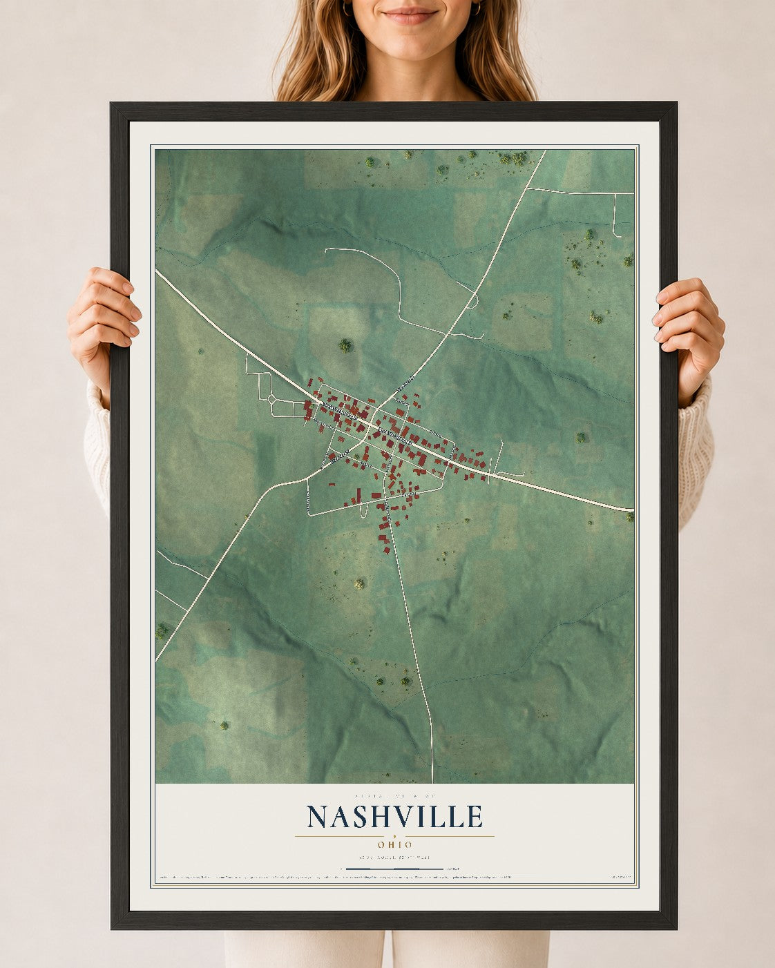 Map of Nashville, Ohio, 24 x 36 inch print in a black wood frame