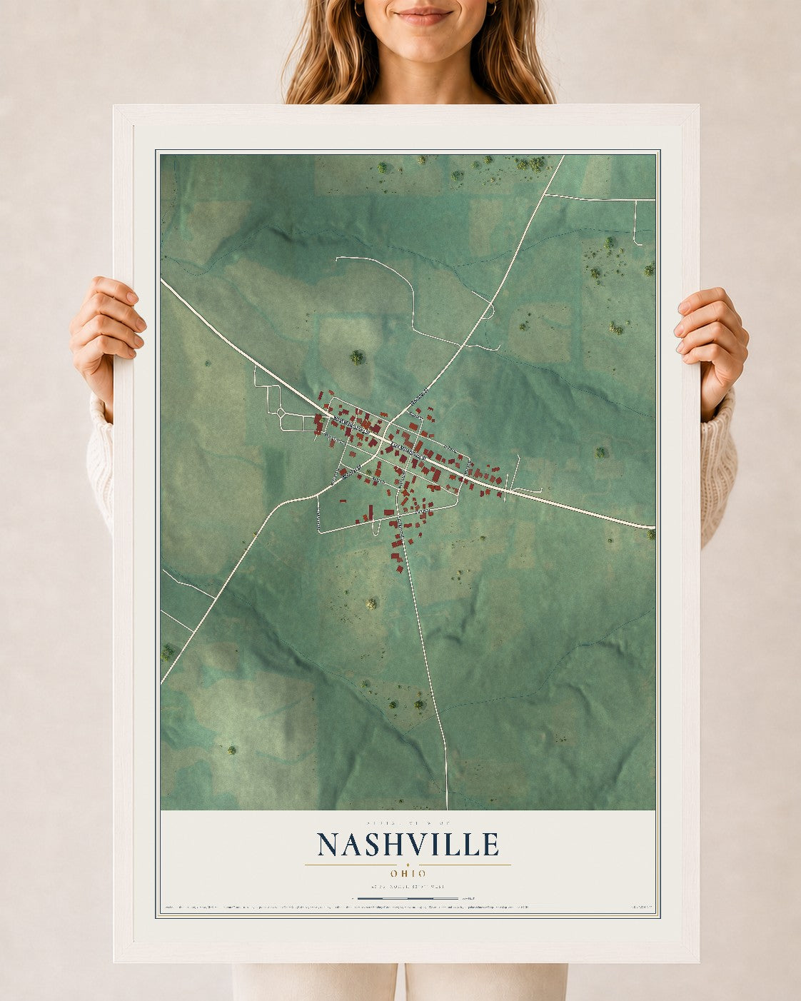 Map of Nashville, Ohio, 24 x 36 inch print in a white wood frame
