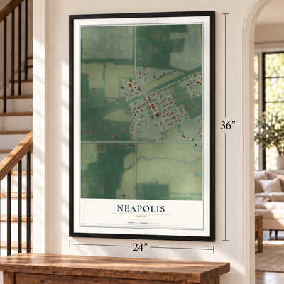 Neapolis, Ohio map, 24 x 36 inch print in a black frame by a staircase