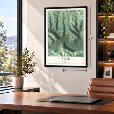 Neffs, Ohio map, 18 x 24 inch print in a black frame in a home office