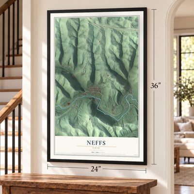 Neffs, Ohio map, 24 x 36 inch print in a black frame by a staircase