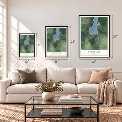 Nettle Lake, Ohio map in 12 x 18, 18 x 24 and 24 x 36 inch sizes above a sofa