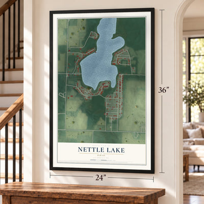Nettle Lake, Ohio map, 24 x 36 inch print in a black frame by a staircase