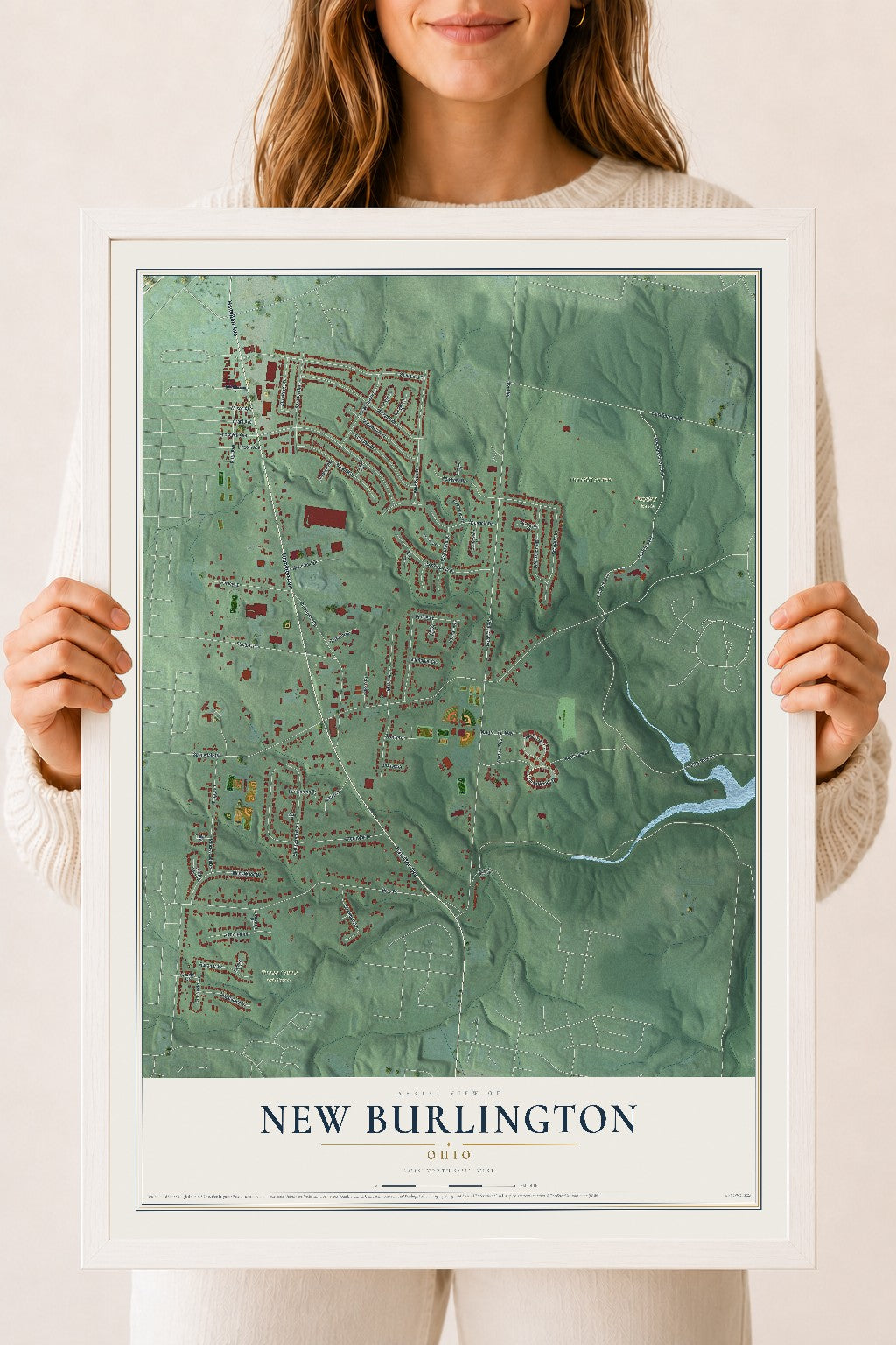 Map of New Burlington, Ohio, 18 x 24 inch print in a white wood frame