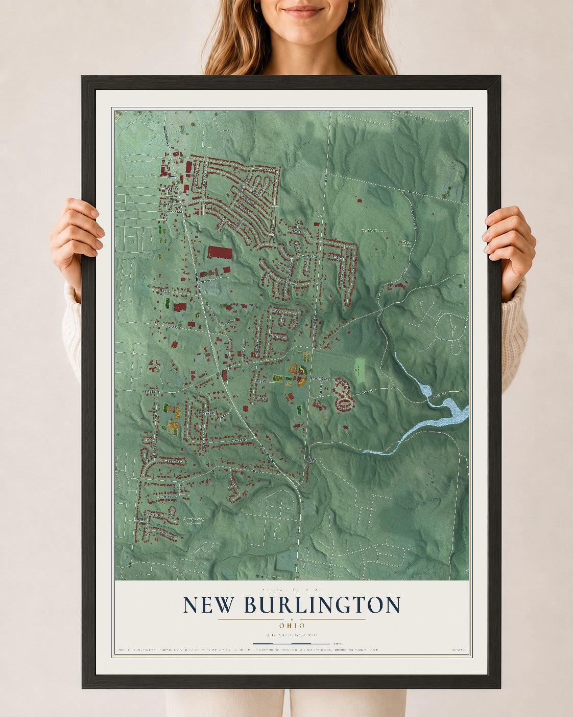 Map of New Burlington, Ohio, 24 x 36 inch print in a black wood frame