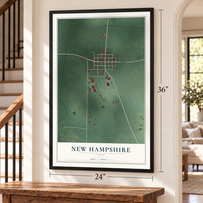 New Hampshire, Ohio map, 24 x 36 inch print in a black frame by a staircase