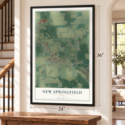 New Springfield, Ohio map, 24 x 36 inch print in a black frame by a staircase