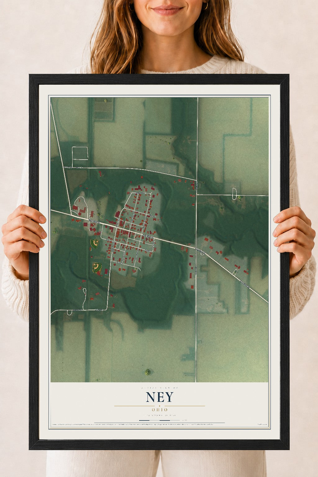 Map of Ney, Ohio, 18 x 24 inch print in a black wood frame