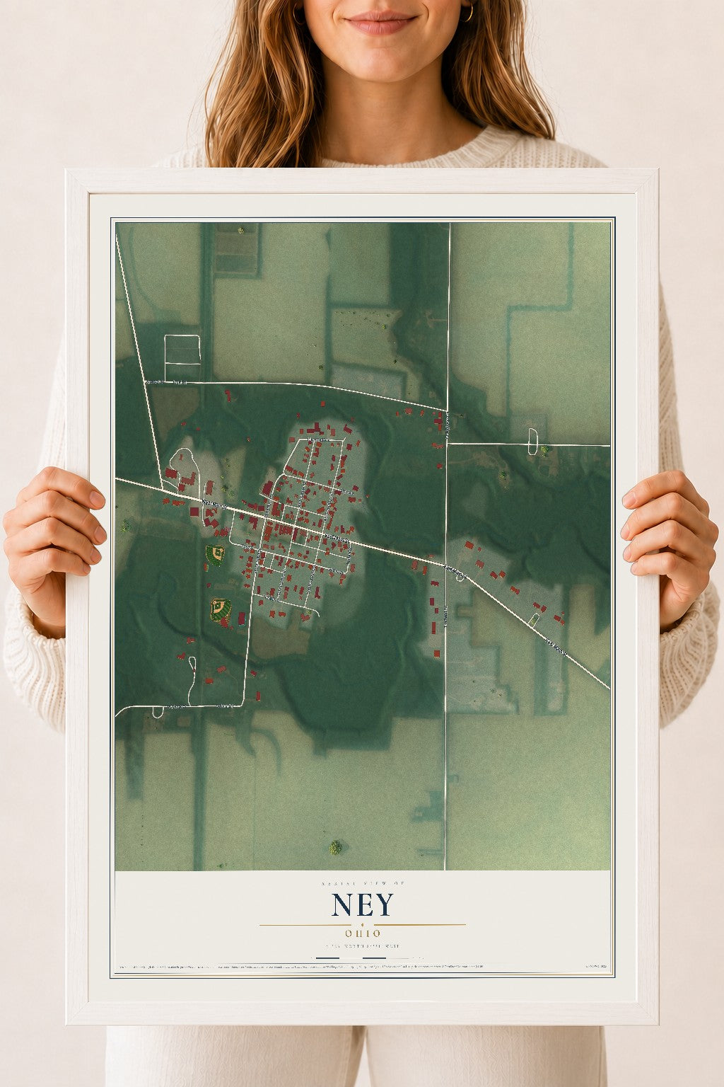 Map of Ney, Ohio, 18 x 24 inch print in a white wood frame