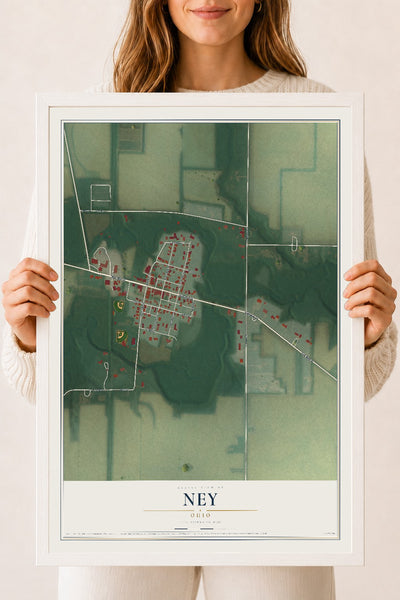 Map of Ney, Ohio, 18 x 24 inch print in a white wood frame