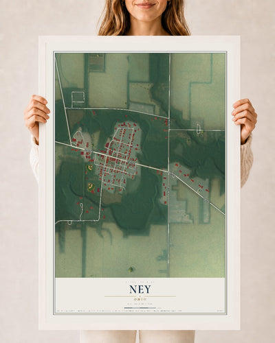Map of Ney, Ohio, 24 x 36 inch print in a white wood frame