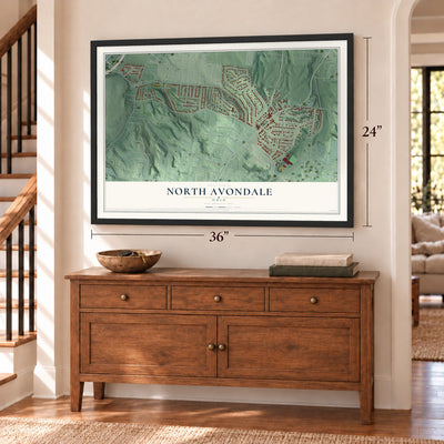 North Avondale, Ohio map, 24 x 36 inch print in a black frame above a dresser by a staircase