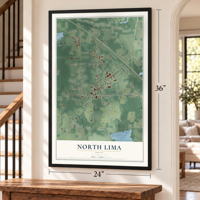 North Lima, Ohio map, 24 x 36 inch print in a black frame by a staircase