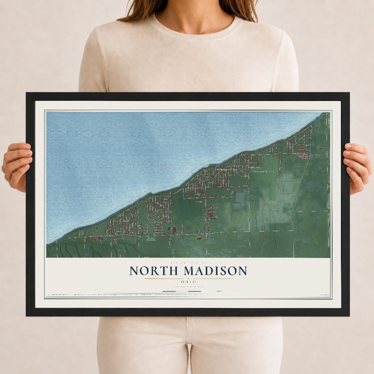 Map of North Madison, Ohio, 12 x 18 inch print in a black wood frame