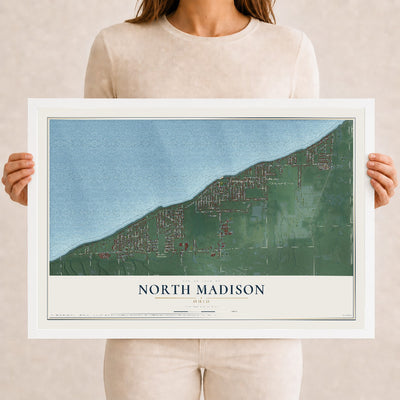 Map of North Madison, Ohio, 12 x 18 inch print in a white wood frame