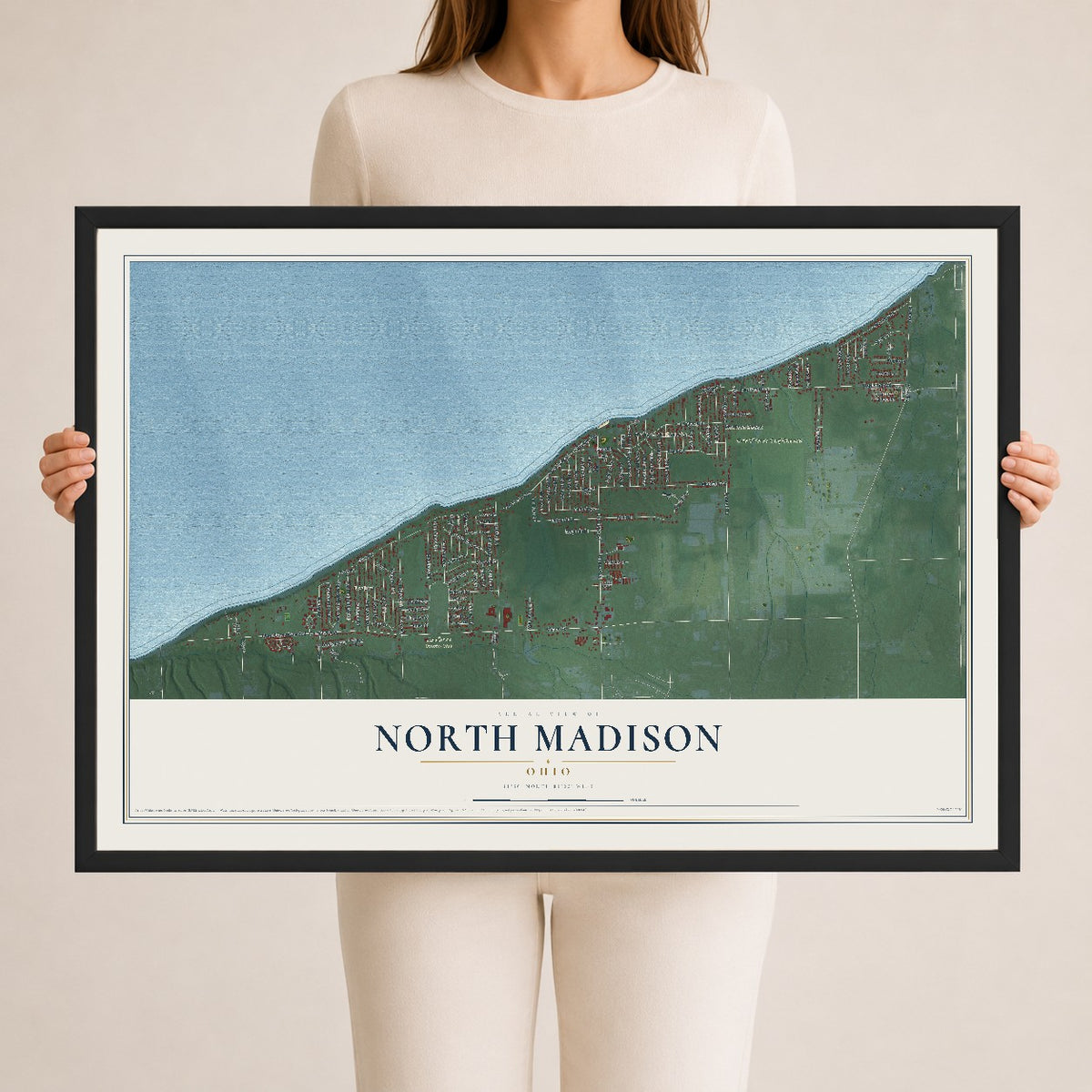 Map of North Madison, Ohio, 24 x 36 inch print in a black wood frame