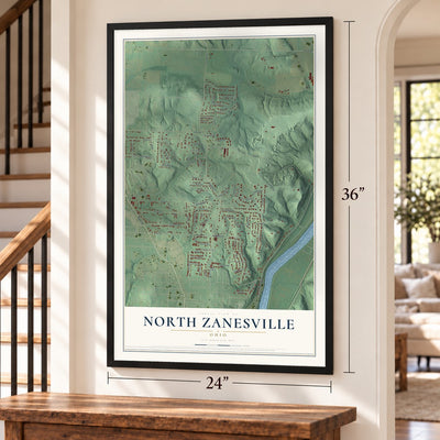 North Zanesville, Ohio map, 24 x 36 inch print in a black frame by a staircase