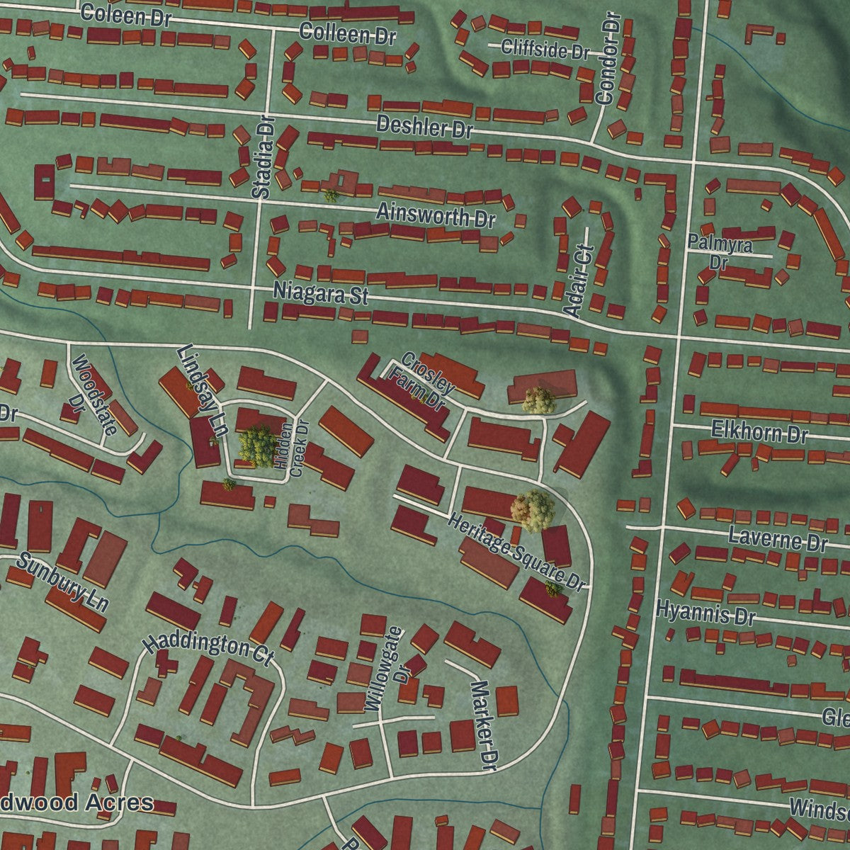 Close-up of the map of Northbrook, Ohio print showing street and building detail