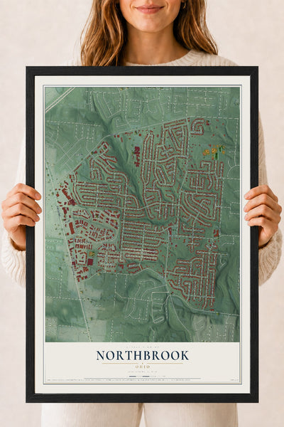 Map of Northbrook, Ohio, 18 x 24 inch print in a black wood frame