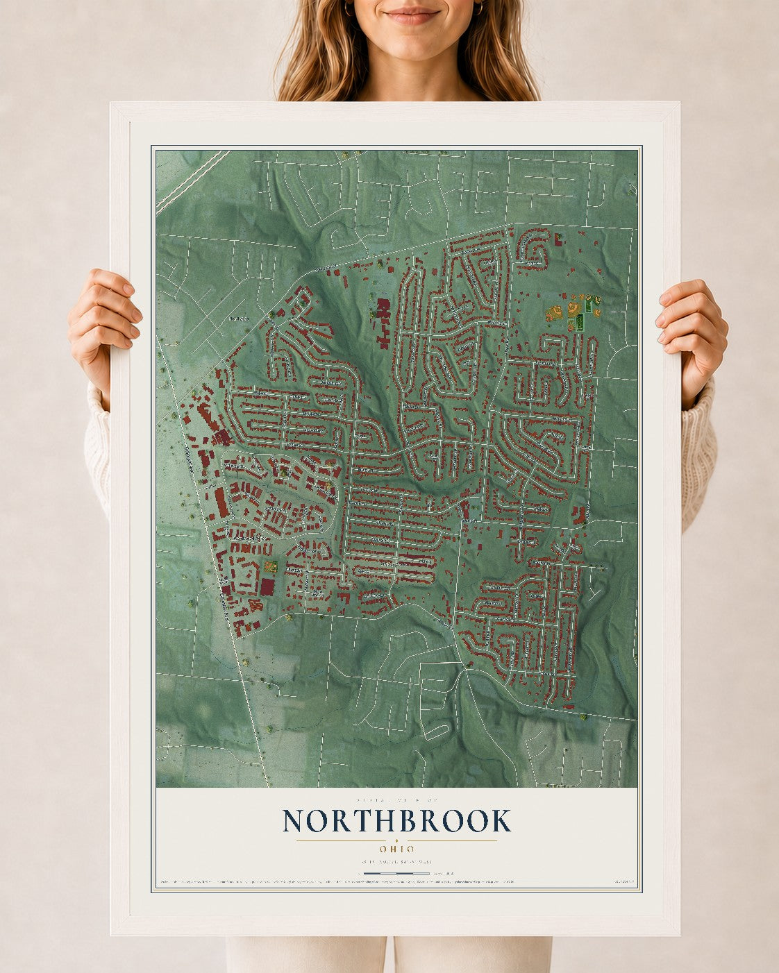 Map of Northbrook, Ohio, 24 x 36 inch print in a white wood frame
