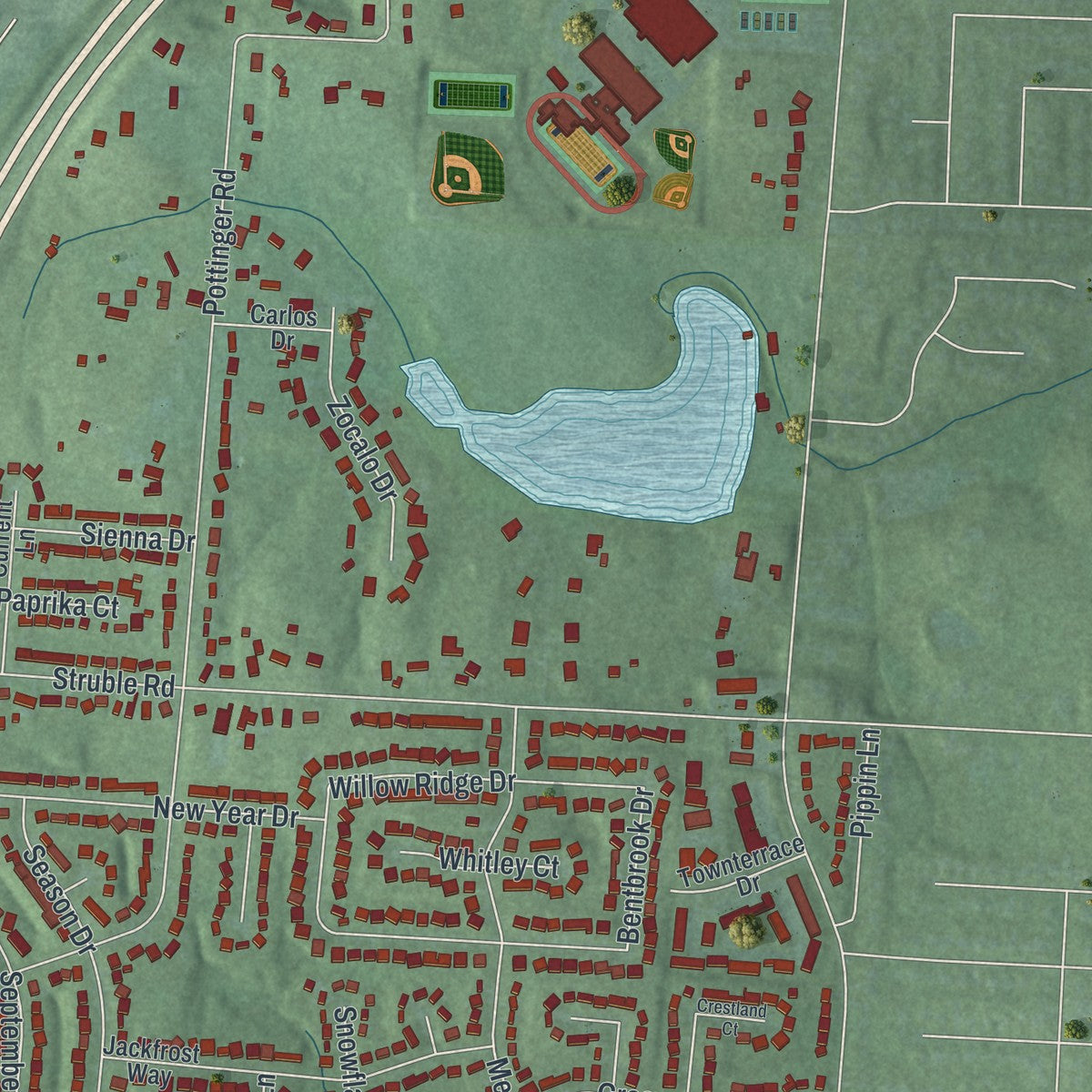 Second close-up of the map of Northgate, Ohio print showing more streets and buildings