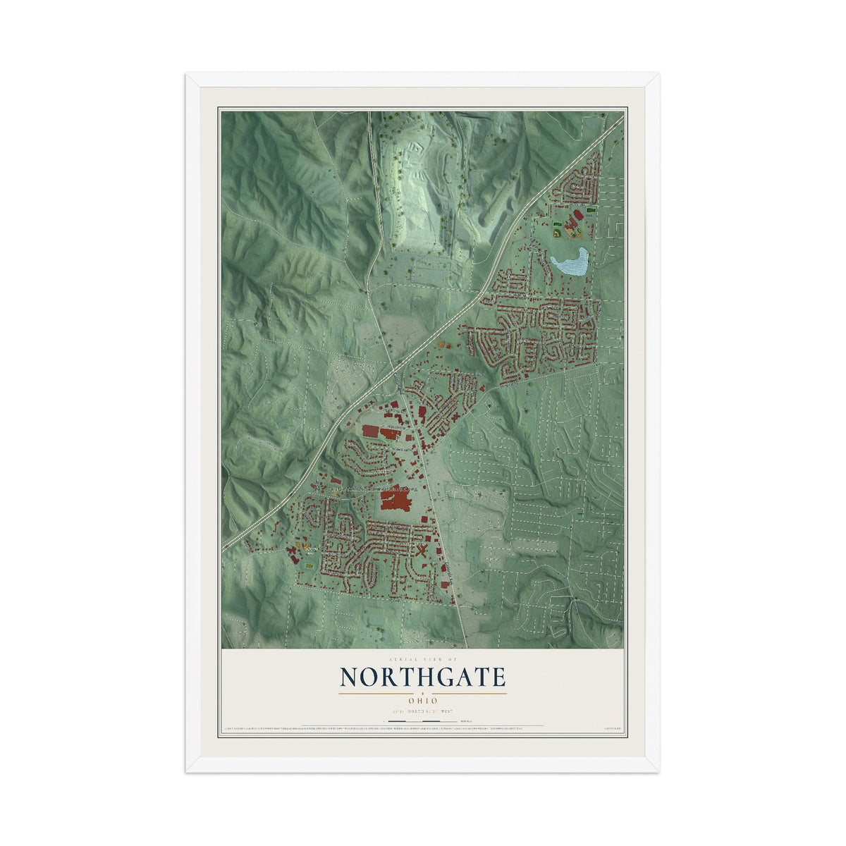 Map of Northgate, Ohio, 12 x 18 inch print in a white wood frame