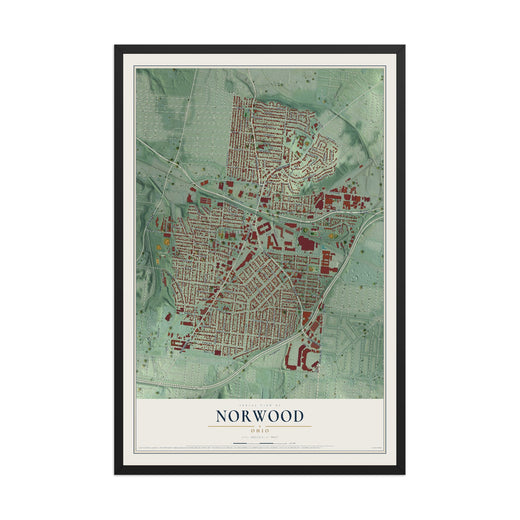 Map of Norwood, Ohio, 12 x 18 inch print in a black wood frame