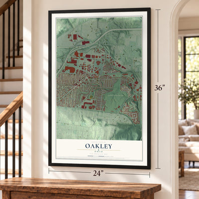 Oakley, Ohio map, 24 x 36 inch print in a black frame by a staircase