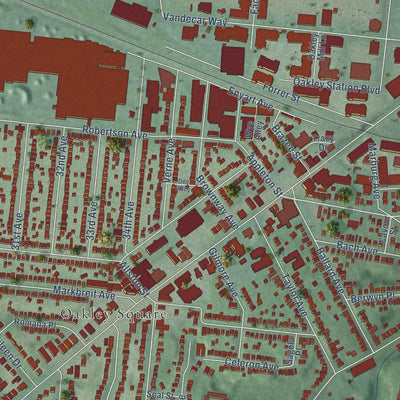Close-up of the map of Oakley, Ohio print showing street and building detail