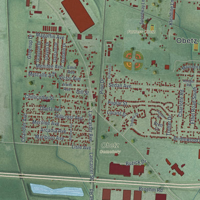 Close-up of the map of Obetz, Ohio print showing street and building detail
