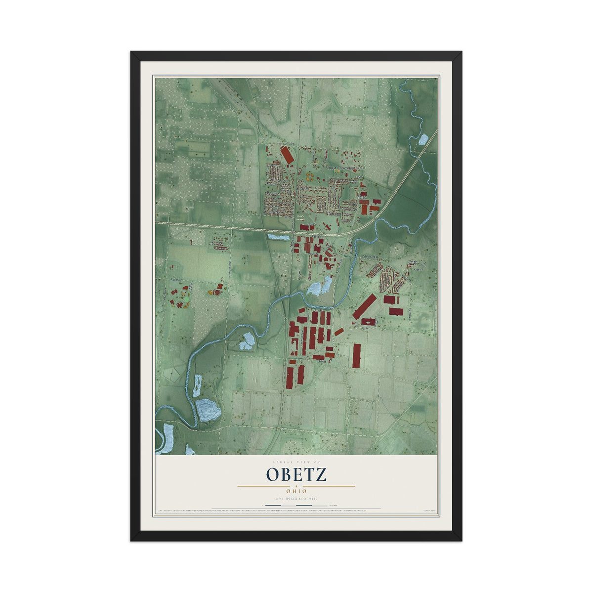 Map of Obetz, Ohio, 12 x 18 inch print in a black wood frame