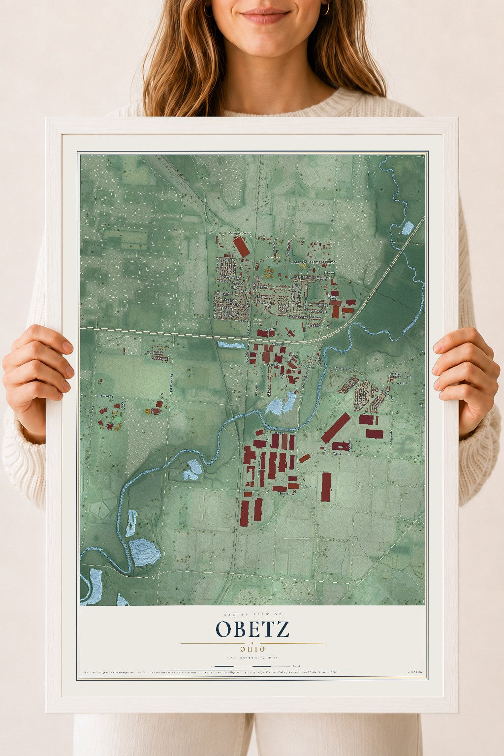 Map of Obetz, Ohio, 18 x 24 inch print in a white wood frame