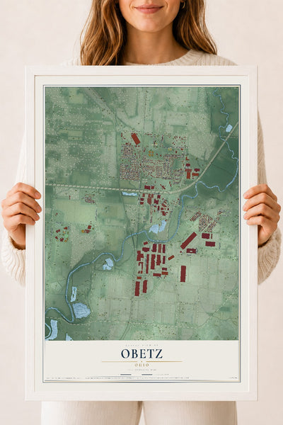 Map of Obetz, Ohio, 18 x 24 inch print in a white wood frame