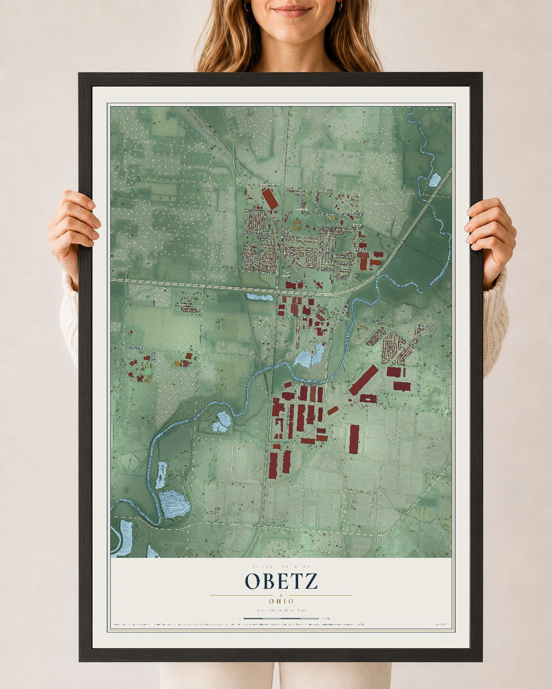Map of Obetz, Ohio, 24 x 36 inch print in a black wood frame