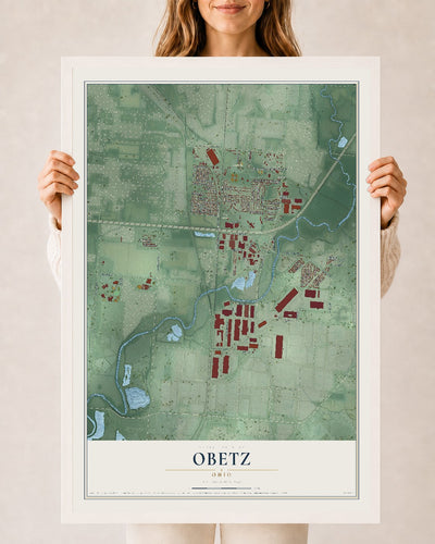 Map of Obetz, Ohio, 24 x 36 inch print in a white wood frame