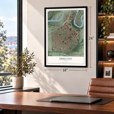 Ohio City, Cleveland, Ohio map, 18 x 24 inch print in a black frame in a home office