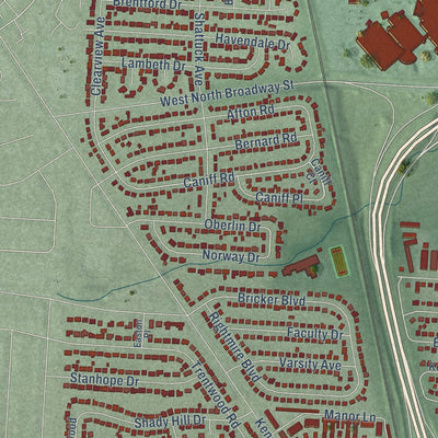 Close-up of the map of Olentangy West, Ohio print showing street and building detail